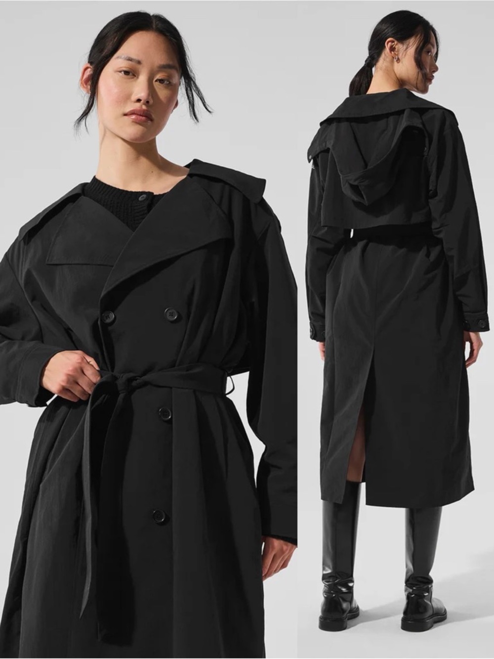 ALO Yoga Daybreak Long Coat Black Hooded Detachable Belt